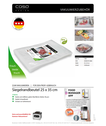 Caso Structured bags for Vacuum sealing 01286 100 bags, Dimensions (W x L) 25 x 35  cm