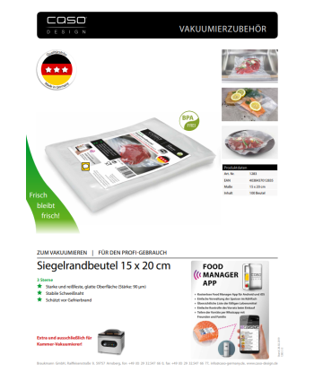 Caso, Sealed edge bags, 01283, 100 bags, Dimensions (W x L) 15 x 20 cm
