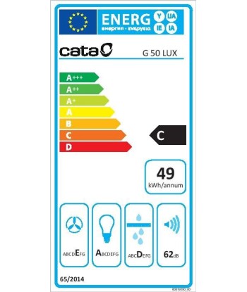 CATA Hood G 50 LUX GWH Canopy, Energy efficiency class C, Width 53 cm, 400 m³/h, Mechanical control, LED, White glass