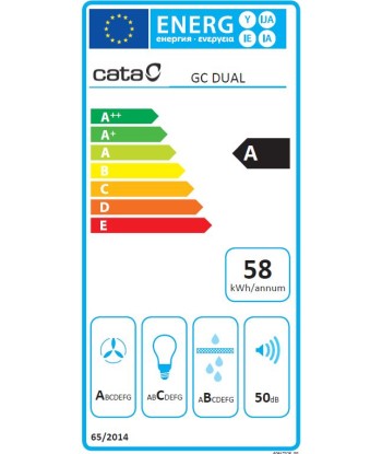 Вытяжка CATA GC DUAL A 45 XGWH Canopy, Energy efficiency class A, Width 45 cm, 820 m³/h, Touch control, LED, White glass