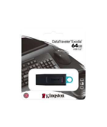 Kingston DataTraveler Exodia USB Flash Drive 64 GB, USB 3.2 Gen 1, Black/Blue, Protective Cap, Large loop