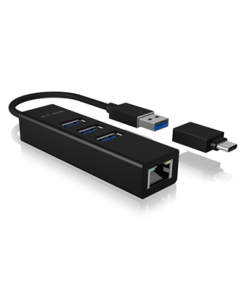 Raidsonic 4 Port Hub with USB 3.0 Type-A, Type-C, Gigabit LAN Icy Box IB-HUB1419-LAN Black