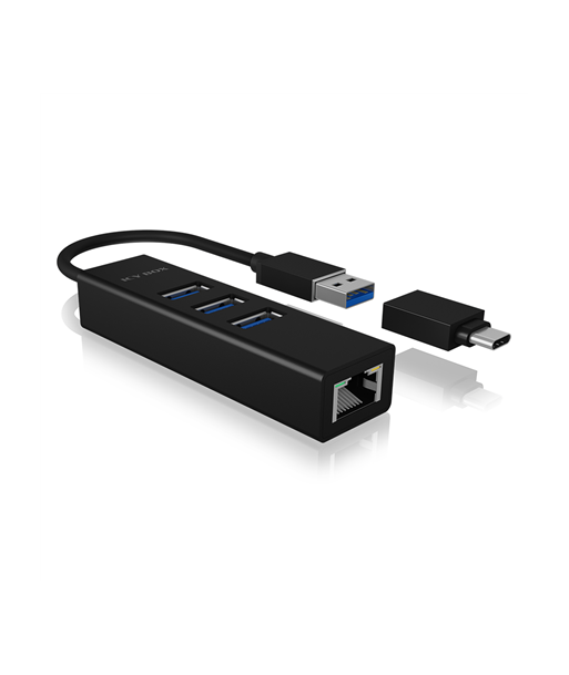 Raidsonic 4 Port Hub with USB 3.0 Type-A, Type-C, Gigabit LAN Icy Box IB-HUB1419-LAN Black Raidsonic 4 Port Hub with USB 3.0 Type-A, Type-C, Gigabit LAN Icy Box IB-HUB1419-LAN Black