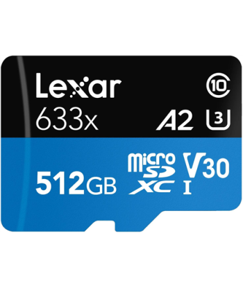 Lexar High-Performance 633x UHS-I MicroSDXC, 512 GB, Flash memory class 10, Black/Blue, Class: A2 V30 U3, 70 MB/s, 100 MB/s