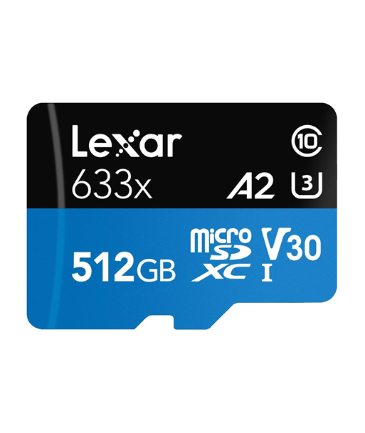Lexar High-Performance 633x UHS-I MicroSDXC, 512 GB, Flash memory class 10, Black/Blue, Class: A2 V30 U3, 70 MB/s, 100 MB/s Lexar High-Performance 633x UHS-I MicroSDXC, 512 GB, Flash memory class 10, Black/Blue, Class: A2 V30 U3, 70 MB/s, 100 MB/s