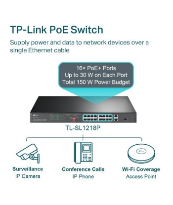 Switch TP-LINK TL-SL1218P Desktop/pedestal 16x10Base-T / 100Base-TX PoE+ ports 16 TL-SL1218P