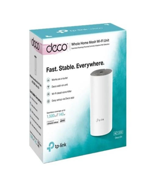 TP-LINK Whole Home Mesh Wi-Fi System Deco E4 (1-pack) 802.11ac, 867+300 Mbit/s, 10/100 Mbit/s, Ethernet LAN (RJ-45) ports 2 TP-LINK Whole Home Mesh Wi-Fi System Deco E4 (1-pack) 802.11ac, 867+300 Mbit/s, 10/100 Mbit/s, Ethernet LAN (RJ-45) ports 2