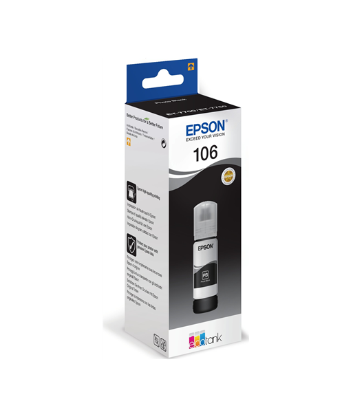 Чернила Epson EcoTank 106, Черный цвет - Оригинальный заполнитель для ярких фотографий Чернила Epson EcoTank 106, Черный цвет - Оригинальный заполнитель для ярких фотографий