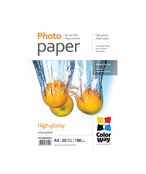ColorWay Photo Paper 20 pcs. PG180020A4 Glossy, White, A4, 180 g/m²