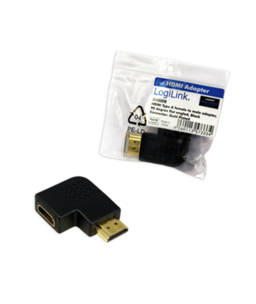 LogiLink HDMI адаптер, AM к AF, 90° угловой, плоский дизайн LogiLink HDMI адаптер, AM к AF, 90° угловой, плоский дизайн