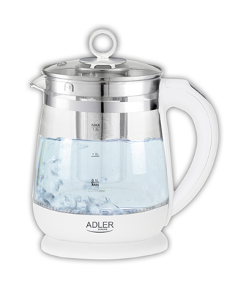 Veekeetja Adler, AD 1299, Electric, 2200 W, 1.5 L, Glass/Stainless steel, 360° rotational base, White