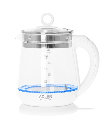 Adler, Kettle, AD 1299, Electric, 2200 W, 1.5 L, Glass/Stainless steel, 360° rotational base, White