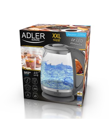 Adler AD 1286 Standard, 2200 W, 2 L, Plastic/ glass, Grey/ transparent, 360° rotational base